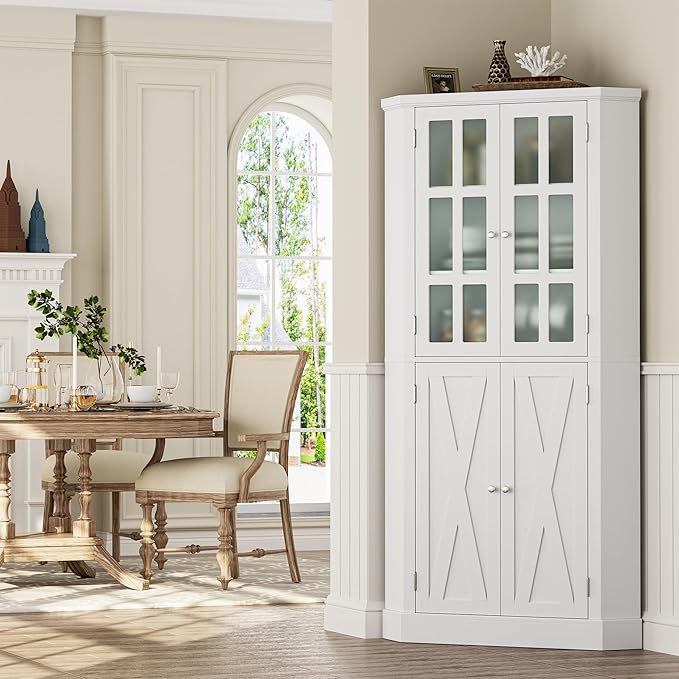 67" Corner Cabinet, Corner Kitchen Pantry with Doors, Farmhouse Kitchen Cabinet with 6 Storage Shelves, Space Saver for Bathroom, Living Dining Room, White