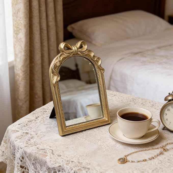 Vintage Carved Resin Desk Mirror - 8x6 Inch Decorative Vanity Mirror for Makeup, Dorm, Bedroom & Tabletop Deco (Bow Gold, 8" L x 6" W)