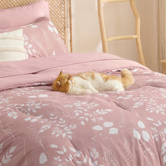 Bedsure Rose Pink Twin Comforter Set - 5 Pieces Floral Bedding Sets Twin Bed in a Bag with Reversible Botanical Flowers Comforter, Sheets, Pillowcase & Sham