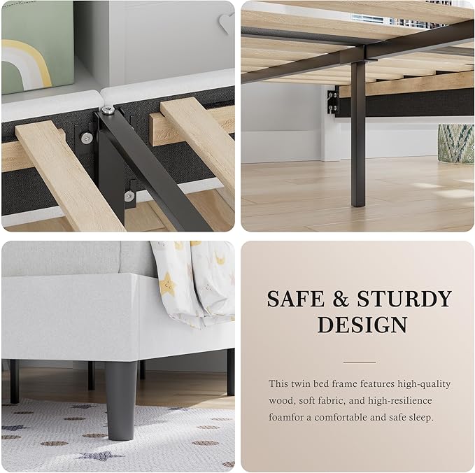 VECELO Twin Bed Frame with Upholstered Headboard, Heavy-Duty Platform Bedframe with Strong Wooden Slats Support, No Boxing Spring Needed, Pure White