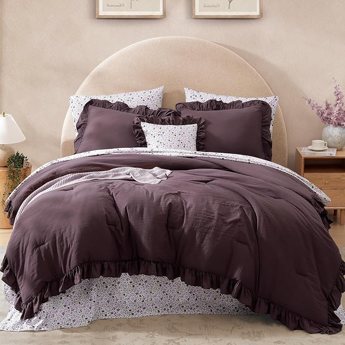 Oversized Queen Comforter Set - 7 Pieces Ruffle Dark Purple Bedding Sets, Shabby Chic Farmhouse Bed in a Bag with Ruffle Comforter, Floral Sheets, Pillowcases & Shams
