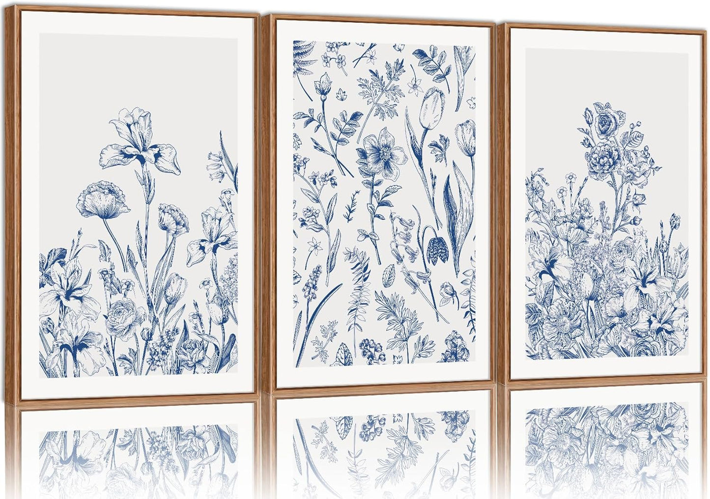 SIGNINART Classic Chinoiserie Framed Canvas Wall Art Set, Blue and White Floral Art Painting, Minimalist Botanical Flower Artwork, Navy Blue Wall Decor for Bedroom, Living Room, Office 16"x24"x3