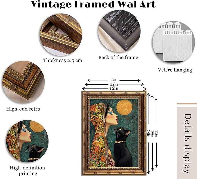 Vintage Gold Framed Boho Wall Art Moonlit Elegant Woman and Black Cat Painting Canvas Prints Gothic Dark Academia Moon Poster Bohemian Mystical Picture Artwork for Bedroom Living Room Home Décor