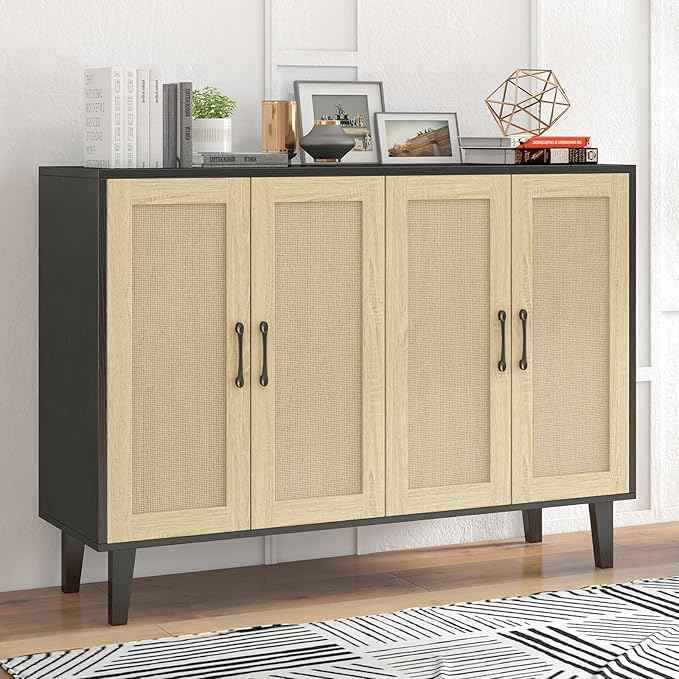 Panana Buffet Storage Cabinet with Rattan Decorating 4 Doors Living Room Kitchen Sideboard 48.43 x 34.65 x 15 inch (Black)