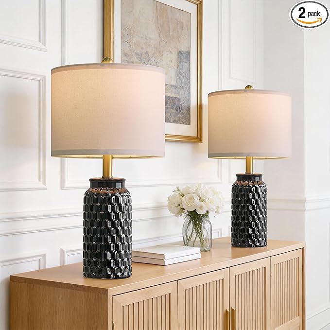 20.5" Black Modern Ceramic Bedside Lamp Set of 2 for Bedroom Decor Farmhouse Table Lamp for Living Room Office Dorm