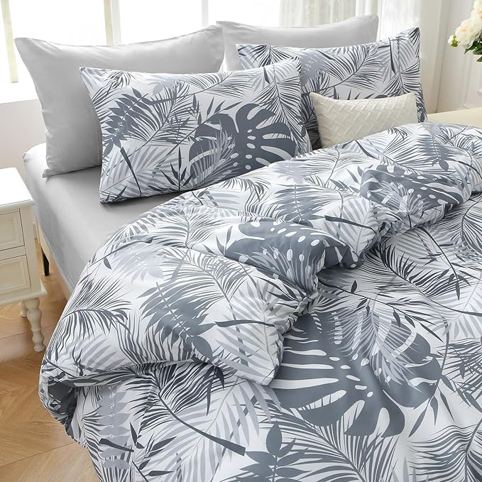 MUXHOMO Black&Grey Full Comforter Set, Elegant Floral Print Bed in a Bag 7 Pieces, Ultra Soft & Breathable Reversible Botanical Pattern Bedding Set with Comforter, Sheets, Pillowcases, and Shams