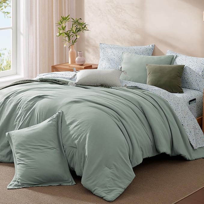 Monbix Full Size Comforter Set - 7 Pieces Sage Green Prewashed Bed in a Bag Full Bedding Sets with Comforters, All Seasons Ultra Soft Comforter Bed Set with Sheets,Pillowcases & Shams