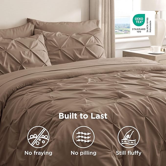 Bedsure Full Comforter Set Brown - Bed in a Bag Full Size Bedding Set 7 Pieces, GentleSoft™ Pintuck Bed Set Gift for Family, Pinch Pleat All Season Comforter with Sheets, Pillowcases & Shams