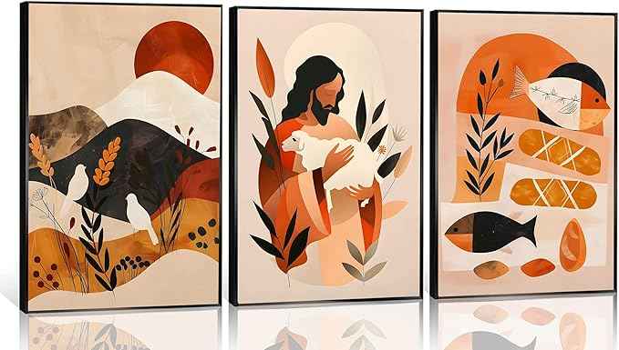 3Pcs Jesus Canvas Wall Art Boho Retro Art Home Posters Prints Jesus Feeds The 5000 Christian Abstract Pictures Wall Decor for Living Room Bedroom Church Decoration Unframed