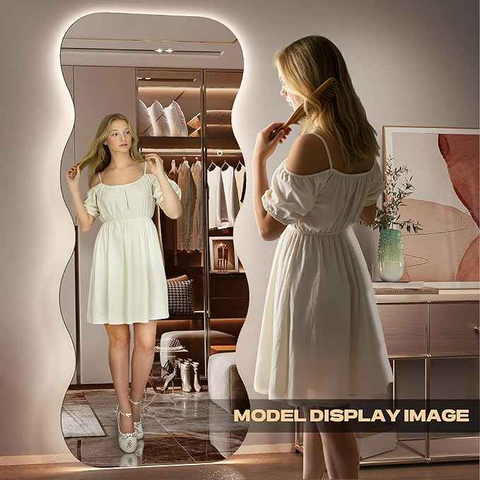 Hasipu Wavy Full Length Mirror with Lights - 71"×31" LED Wavy Floor Mirror, Frameless, Dimmable, Standing or Vertical/Horizontal Wall-Mounted Mirror for Bedroom, Living Room, Cloakroom