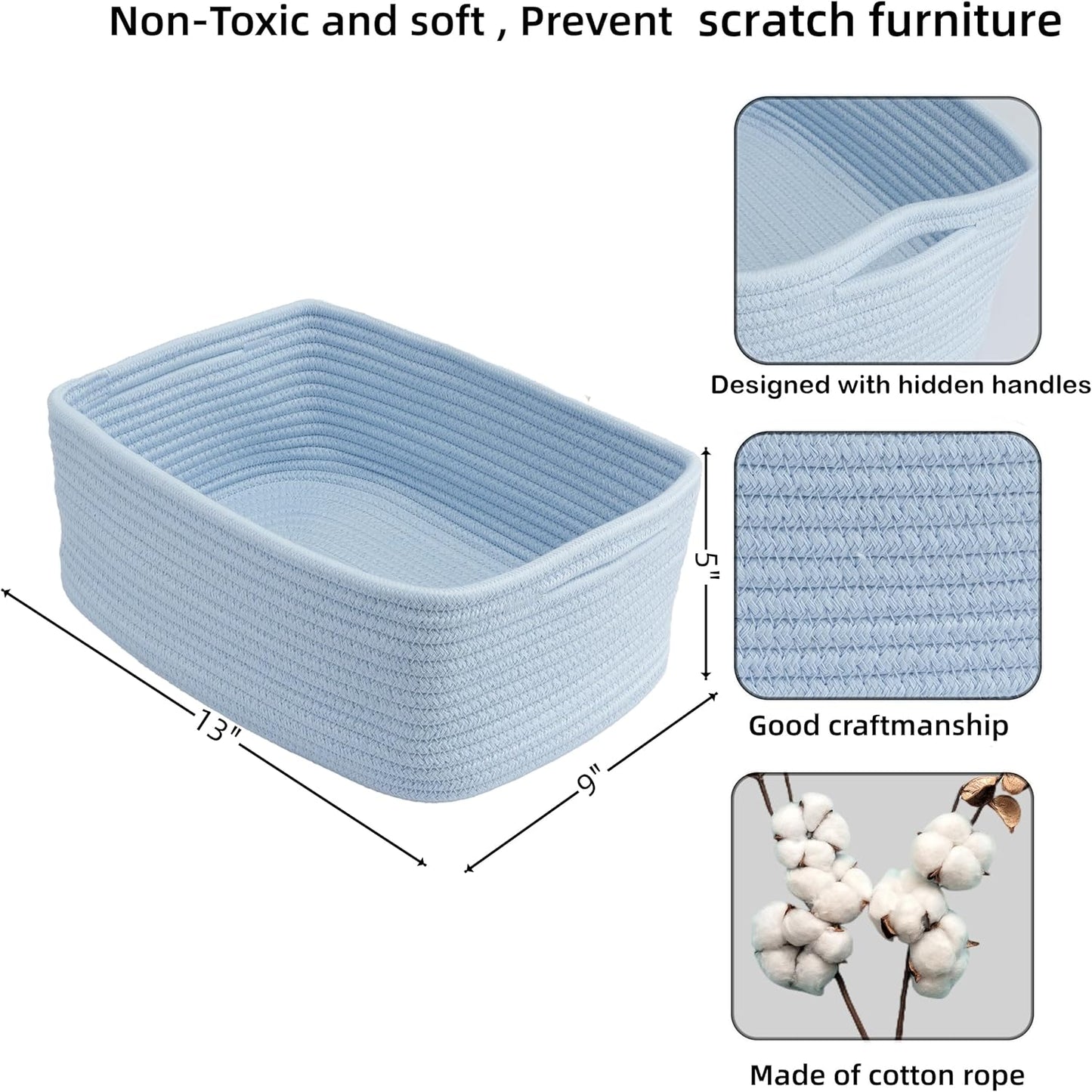 Small Woven Storage Baskets 13“X9”X5“ Decorative Rope Bins for Organizing Shelves, Closets, and Toys, Empty Gift Baskets, Cute Organizer Basket for Home and Office (blue, Large)