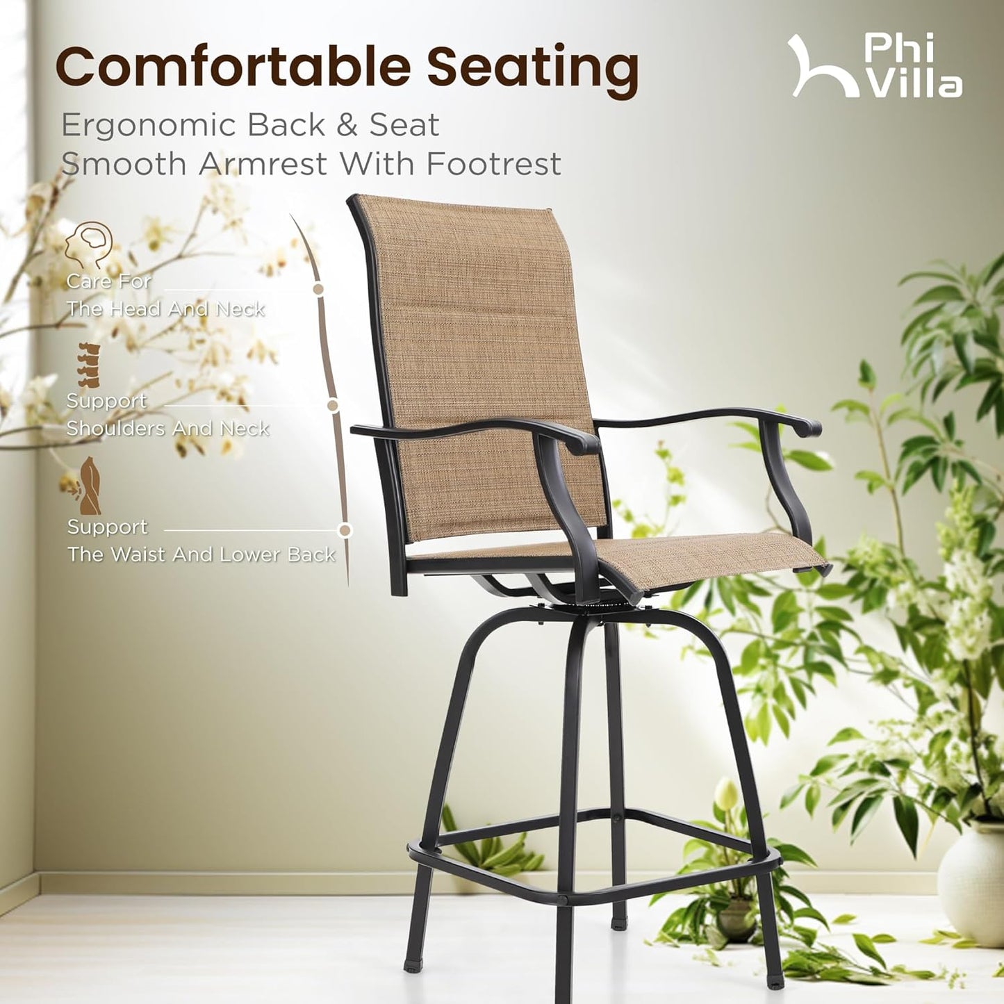 PHI VILLA 5 Piece Patio Bar Set, High Top Outdoor Table and Chairs for 4 with Swivel Padded Bar Stools Outside and Square Metal Bar Bistro Table for Garden, Deck and Poolside