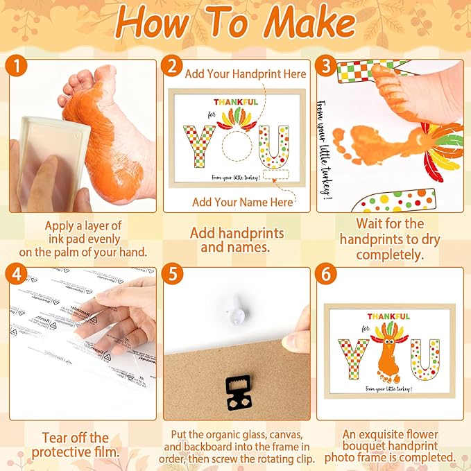 Thanksgiving Turkey Footprint Art Craft DIY Kit Polka Dots Fall Thanksgiving Gifts Thankful for You Little Turkey Footprint Keepsake with Wood Frame for Mom Dad Friend Holiday Activities 12x16 Inch