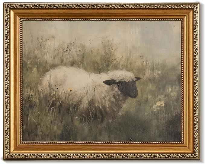 uniro Vintage Gold Framed Wall Art, Rustic Sheep Landscape Canvas Art Prints Painting, Moody Summer Countryside Sheep Pasture Picture Wall Decor, Rustic Animal Frame Art for Bedroom, Gallary, Living Room, Office, Farmhouse Cabin Decor- 11x14Inch