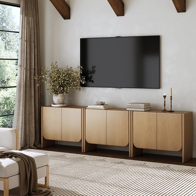 Nathan James Jacala Mid Century Modern Media Console Cabinet or TV Stand, Entryway Storage Cabinet with Doors and Wood Frame, Raw Oak, Set of 3