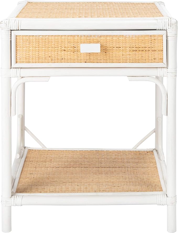 SAFAVIEH Home Collection – Roya White & Natural Nightstand with Drawer & Shelf, Coastal Accent Table, Bamboo-Style Frame & Rattan Drawer (NST4005C)