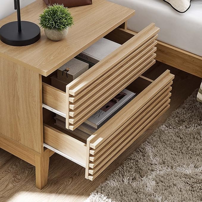 Modway Render Mid-Century Modern, Two-Drawer Nightstand, Oak