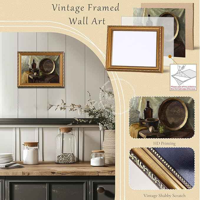 uniro Vintage Gold Framed Wall Art for Home Decor, Farmhouse Wall Decor Still Life Canvas Artwork, Antique Kitchen Wall Art Picture, Rustic Kitchen Art Prints Aesthetic Picture for Dining Desktop Decor- 11x14Inch