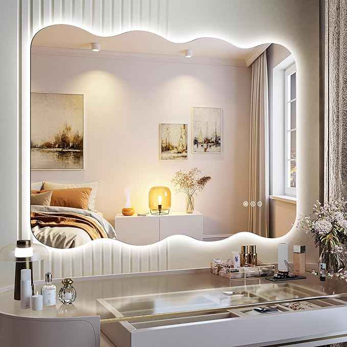 Hasipu Wavy Full Length Mirror with Lights - 40"×32" LED Wavy Floor Mirror, Frameless, Dimmable, Standing or Vertical/Horizontal Wall-Mounted Mirror for Bedroom, Living Room, Cloakroom