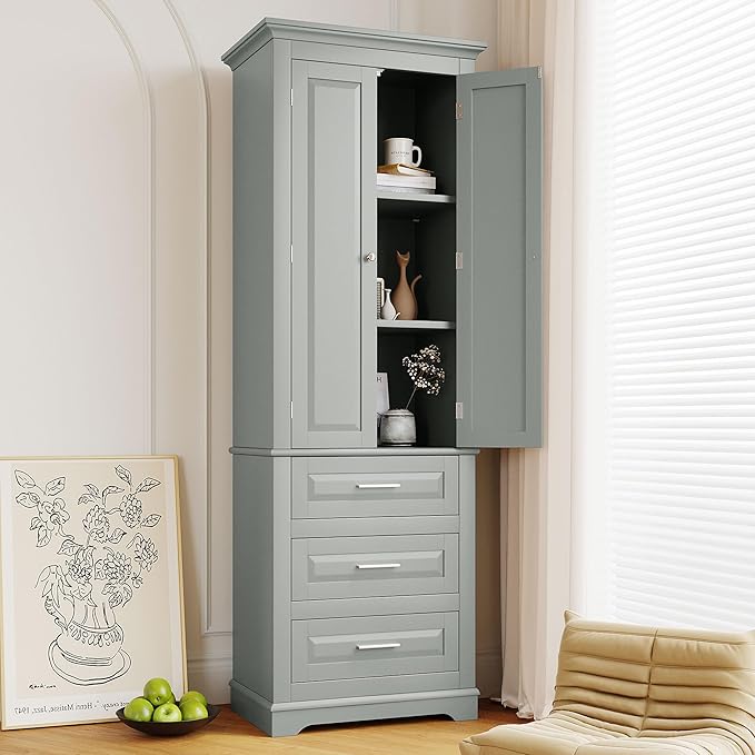 62.2" Wide Storage Cabinet Pantry Cupboard with Doors and Drawers for Home Kitchen, Bathroom and Living Room, Adjustable Shelf, White