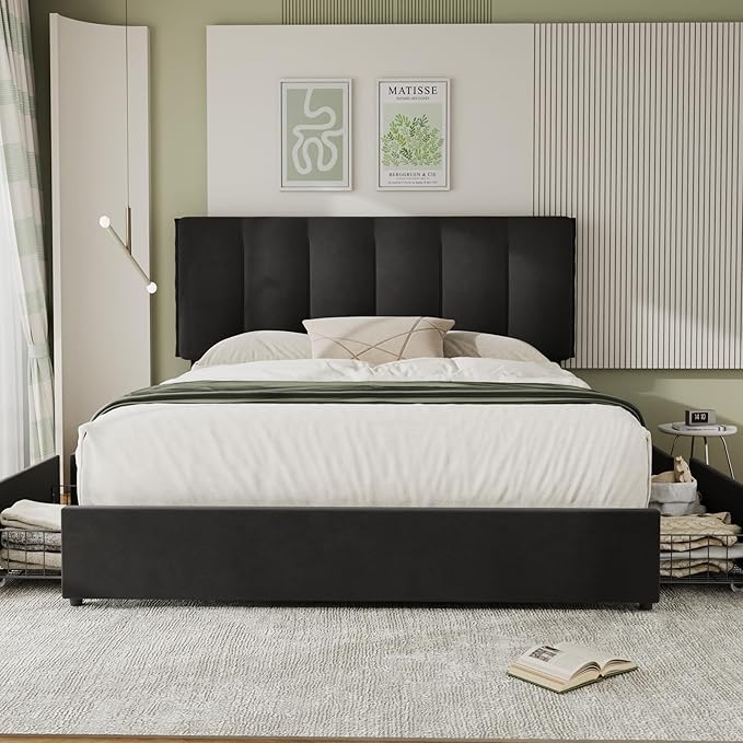 VECELO King Size Bed Frame with 4 Storage Drawers, Adjustable Height Headboard, Heavy-Duty Bedframe with Strong Wooden Slats, No Box Spring Needed, Black