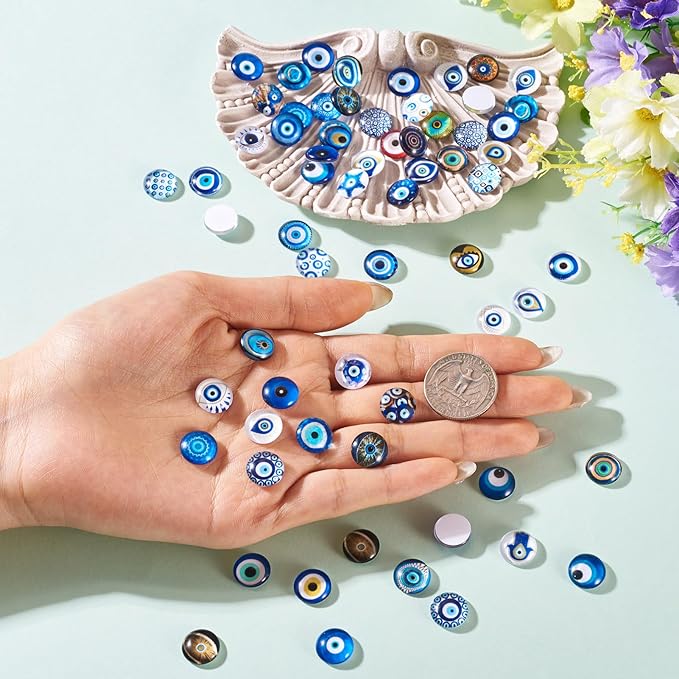 Craftora 100Pcs 12mm Evil Eye Glass Cabochons for Jewelry Making, Mixed Blue Eyes Half Round Cameo Dome Tiles Flatback Dome Cabochons for DIY Bracelets Necklace Scrapbooking DIY Crafts