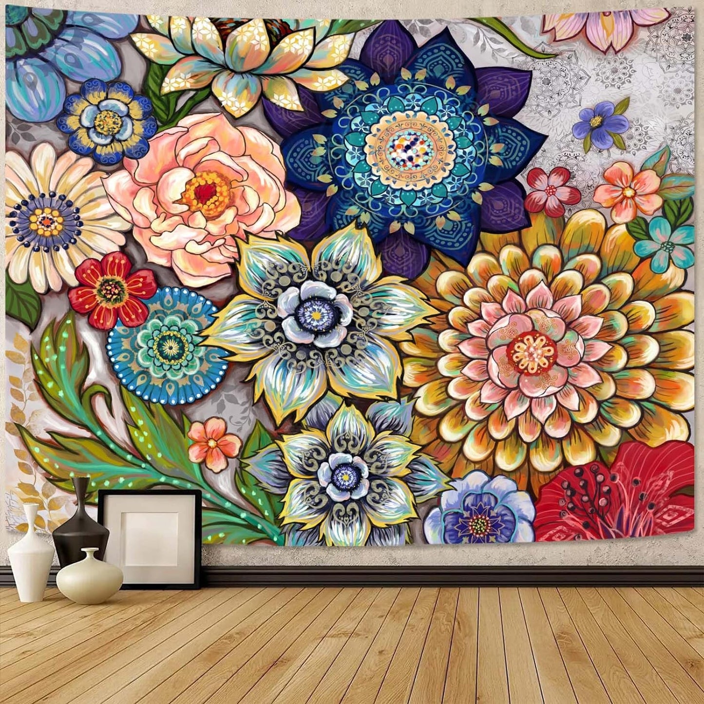 Neasow Colorful Floral Tapestry Wall hanging, Bright Boho Fabric Blossom Tapestries, Multi Color Tapestry for Bedroom Home Hippie Wall Decor 60×80 inch