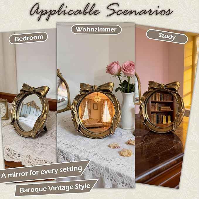 Vintage Round Vanity Desk Mirror - 6x6Inch Wall-Mounted & Tabletop Decorative Ornate Gold Accent Retro Makeup Mirror for Bedroom Dresser Living Room Bathroom Dorm Champagne Gold