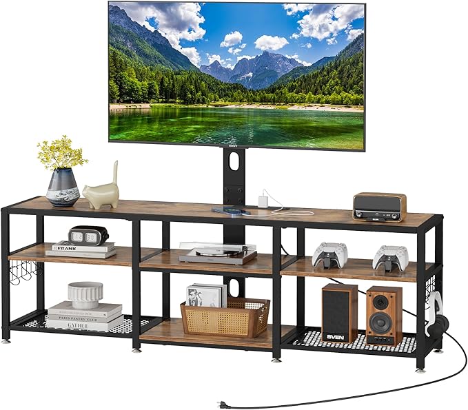 VECELO TV Stand with Mount and Power Outlets, Entertainment Center for 55/60/65/70/75 inch TVs, Height Adjustable Media Console with Storage Shelves, for Living Room, Bedroom, Rustic Brown
