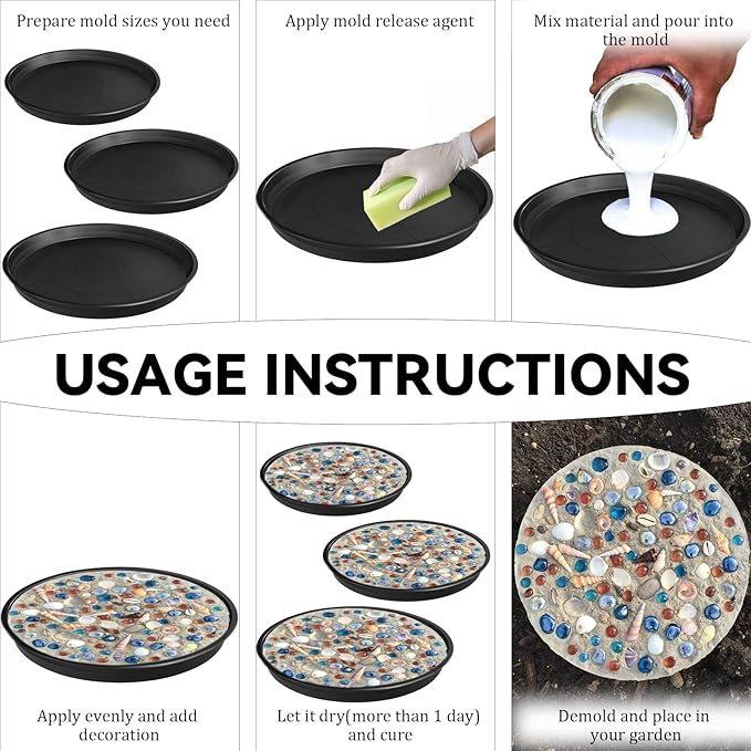 6 Pcs 3 Sizes Round DIY Concrete Stepping Stone Mold - 10.2" 11" 12.6" Reusable Concrete Stepping Stone Molds for Outdoor Garden Walkway Decor, Plastic Concrete Molds for Memorial Gifts
