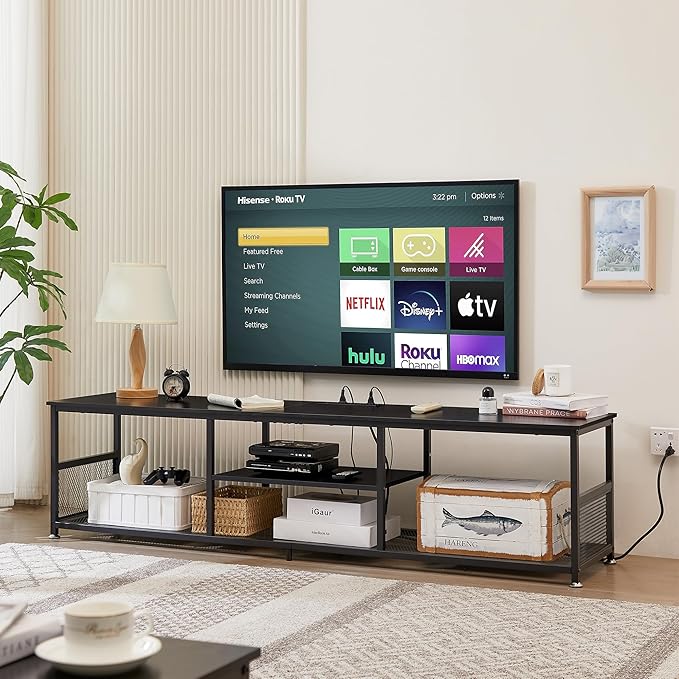 VECELO TV Stand with Power Outlets for Televisions up to 80Inch, 70" Media Entertainment Center with Charging Station 3-Tier Open Storage Shelves with Metal Frame for Living Room/Bedroom，Black