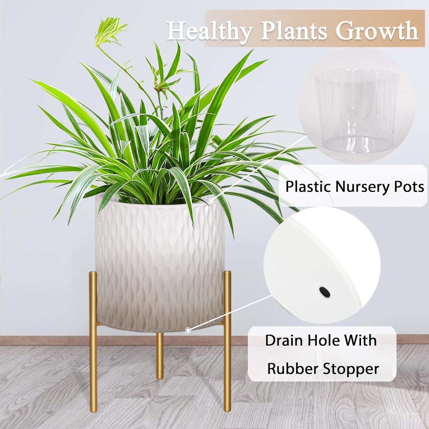 ARNIS Plants Pots with Stand, Set of 2 Indoor Planter Pots, Unique Mid Century Decorative Metal Flower Pots with Drainage,8.25 & 10.5 Inch, Grey and White
