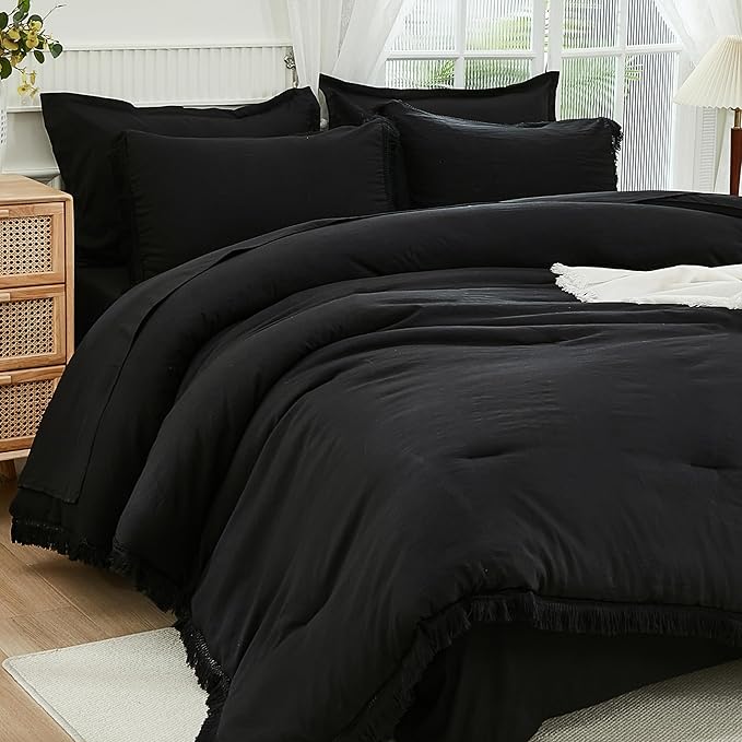Andency California King Size Black Comforter Sets with Sheets - 7 Pieces Boho Tassel Bed in a Bag Soft Lightweight Bedding Sets, Black Fringe Bed Set with Comforter, Sheets, Pillowcases & Shams