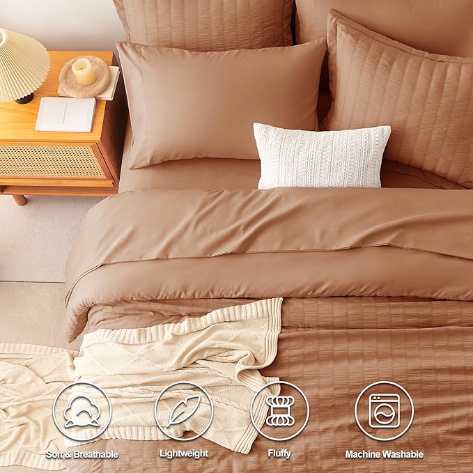 CozyLux Full Size Comforter Sets with Sheets Seersucker 7 Pieces Pumpkin Bed in a Bag Textured Luxury Soft Bedding Set with Down Alternative Comforter, Sheets, Pillowcases & Shams for All Seasons