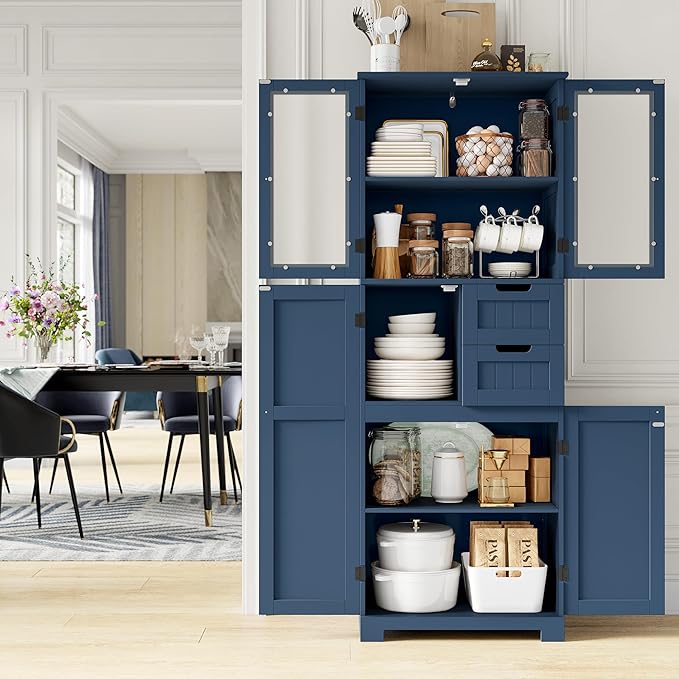 67'' Tall Bathroom Storage Cabinet, Linen Cabinet with Glass Doors and Adjustable Shelves, Kitchen Pantry with 2 Drawers for Bathroom, Living Room, Dining Room, Blue