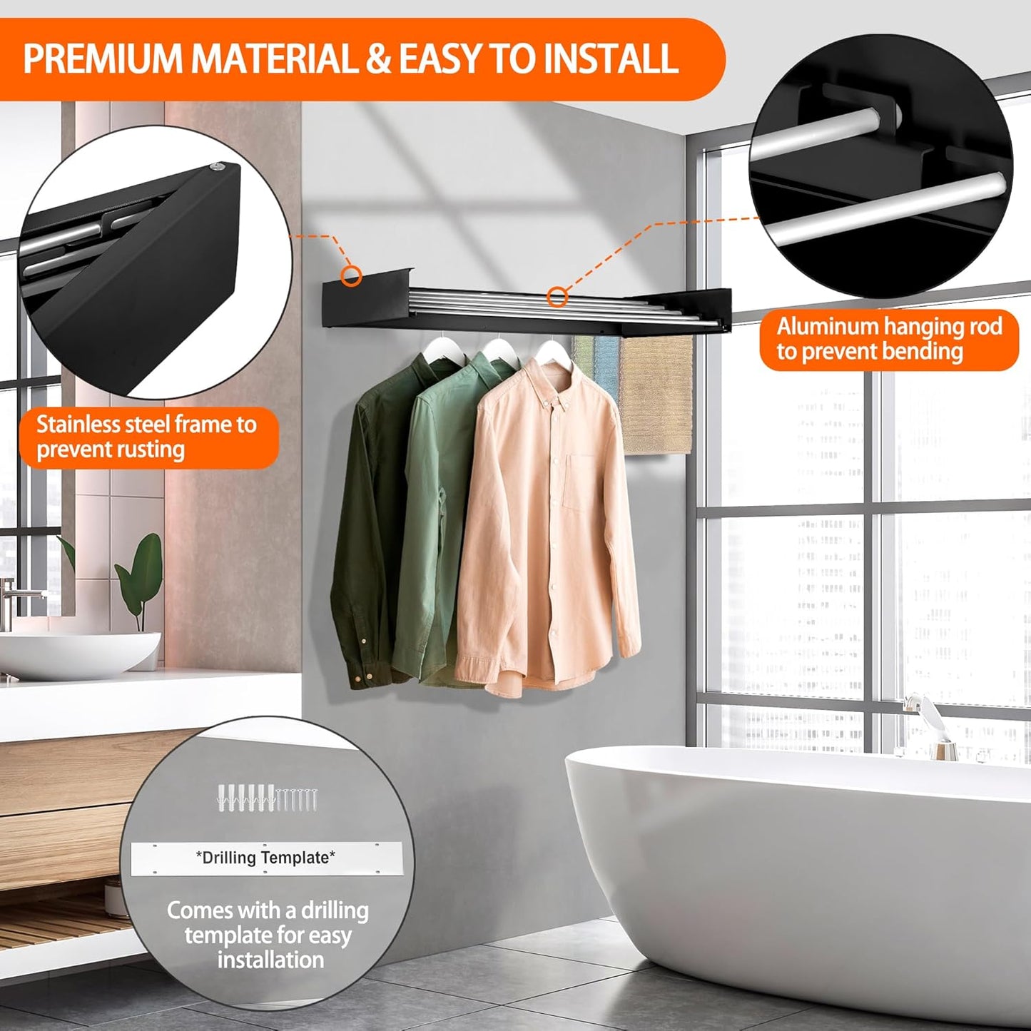 FOCHIER F Laundry Drying Rack Wall Mounted Clothes Drying Rack Collapsible with 5 Aluminum Rods and Drilling Template Long Screwdriver Bit 60 lbs Capacity (Black, 31.5")