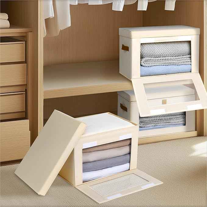 Small Fabric Storage bins - Collapsible Storage Bins with Open Window, 5 Pack Closet Baskets for Shelves, Stackable Decorative Boxes for Home, Dorm, Beige, 13.7"x 9.8" x 9.8"
