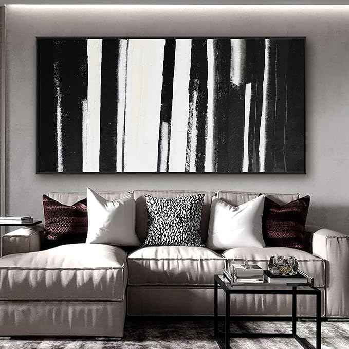Framed Abstract Canvas Wall Art - Large Minimalist Stripes Black & White - Modern Wall Decor for Living Room, Bedroom, Kitchen & Office - 29"58"