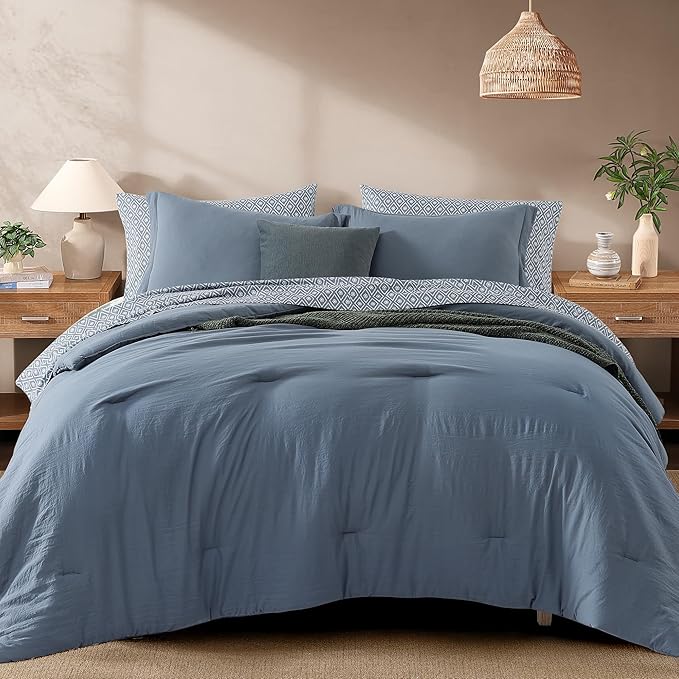 Monbix Full Size Comforter Set - 7 Pieces Oxford Blue Prewashed Bed in a Bag Full Bedding Sets with Comforters, All Seasons Ultra Soft Comforter Bed Set with Sheets,Pillowcases & Shams