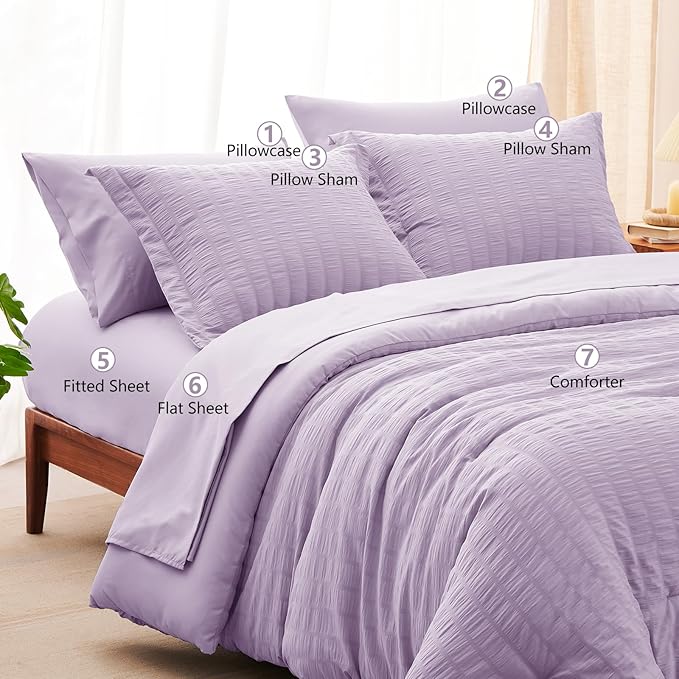 CozyLux King Seersucker Comforter Set Light Purple Bed in a Bag 7-Pieces All Season Lavender Bedding With Comforter, Pillow Sham, Flat Sheet, Fitted Sheet, Pillowcase