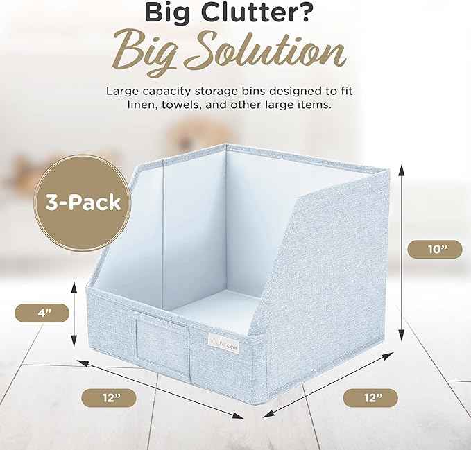 Trapezoid Storage Bins – 12"x12"x10"x 4" Closet Shelf Organizer & Baskets, Fabric Storage Baskets, Collapsible Organizer Boxes for Towels, Baby Clothes, Spring Wardrobes – Light Blue, 3 Pack