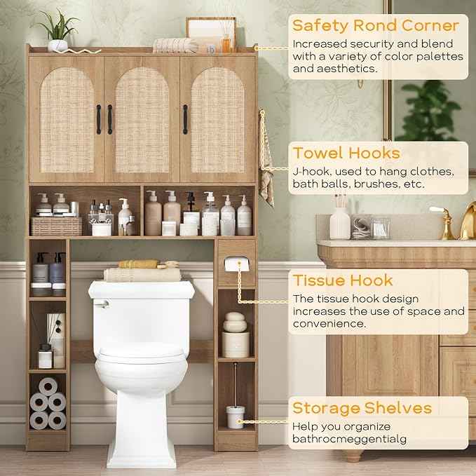 Vabches Over The Toilet Storage Cabinet,Farmhouse Over Toilet Bathroom Organizer with 3 Barn Doors & Toilet Paper Holder Stand,Home Space-Saving Toilet Rack with Shelves，for Bathroom,Restroom,Laundry