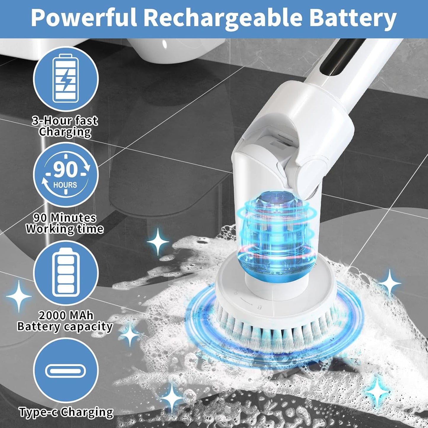 Electric Spin Scrubber - Cordless Cleaning Brush with Digital Display, 2 Speeds, 8 Brush Heads, IPX7 Waterproof, Adjustable Long Handle for Bathroom, Tub, Tile, Shower, and Car（Grey）