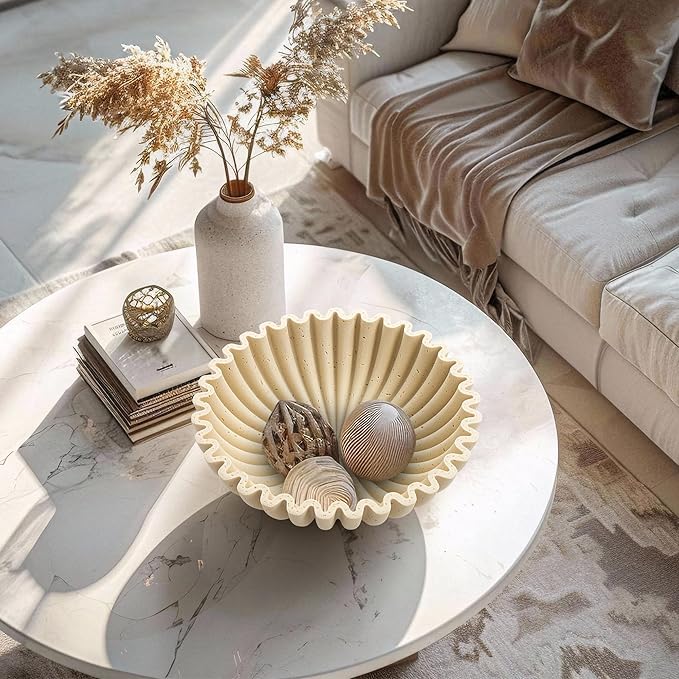 Large Decorative Bowl, Modern Handicraft Bowls for Home Decor, Decorative Fruit Bowl for Kitchen Counter, Ruffle Decor, Stylish Key Bowl for Entry Table, Artificial Travertine Beige