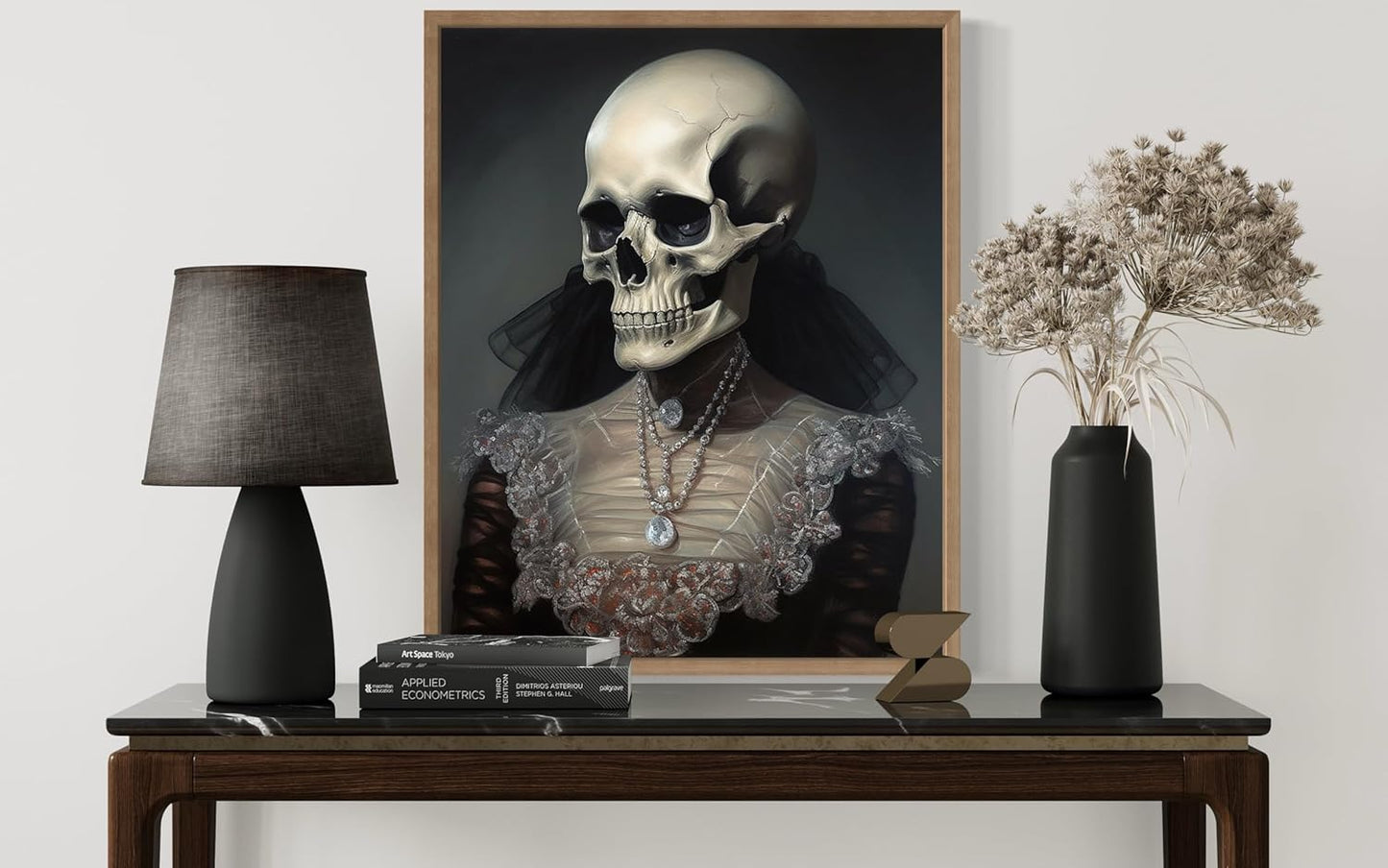 Female Skull Poster Art Print, Halloween Scary Vintage Wall Art Academia Spooky Painting Decoration for Horror Prints, Gothic Posters Bedroom Decor 89 (Female Skull, 8 x 10 inches, Wood Frame)