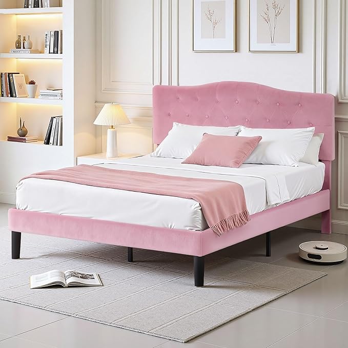 VECELO Queen Size Bed Frame with Upholstered Headboard, Velvet Platform Bedframe Mattress Foundation, Sturdy Wooden Slats Support,No Box Spring Needed Noise Free/Easy Assembly,Pink