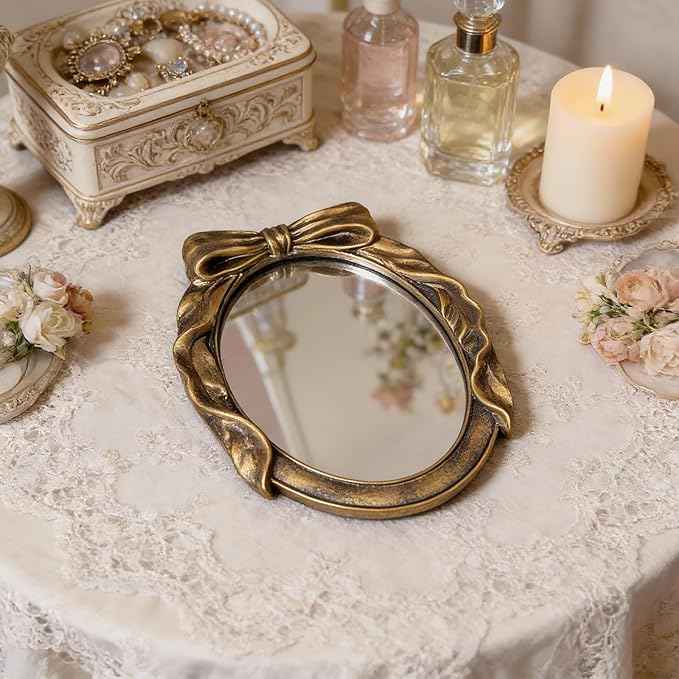 Vintage Round Vanity Desk Mirror - 8x6Inch Elliptical Tabletop Decorative Ornate Gold Accent Retro Makeup Mirror for Bedroom Dresser Living Room Bathroom Dorm Champagne Gold