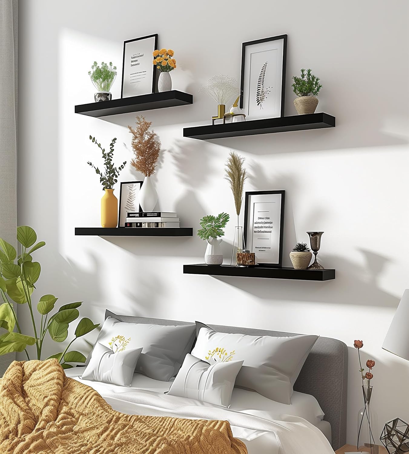 Wood Floating Shelves for Wall Decor, Rustic Wall Shelves for Bedroom Bathroom Kitchen Living Room, Set of 6 Black - Décor Diaries