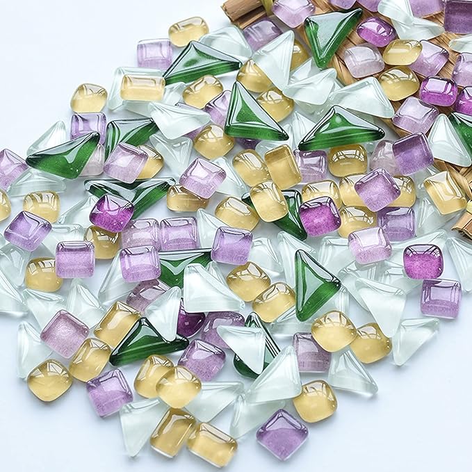 200g Pack of Mosaic Tile Supplies for DIY Crafts, Plates, Picture Frames, Flowerpots, Handmade Jewelry – Irregular Size Square Triangle Rectangle Glass Decorative Tiles (Purple Green White Mix)