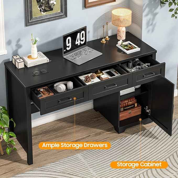 Vabches Farmhouse 55" Executive Desk,Computer Desk with 3 Drawers and Storage Cabinet,Home Office Desk for Work and Study. Pure Black